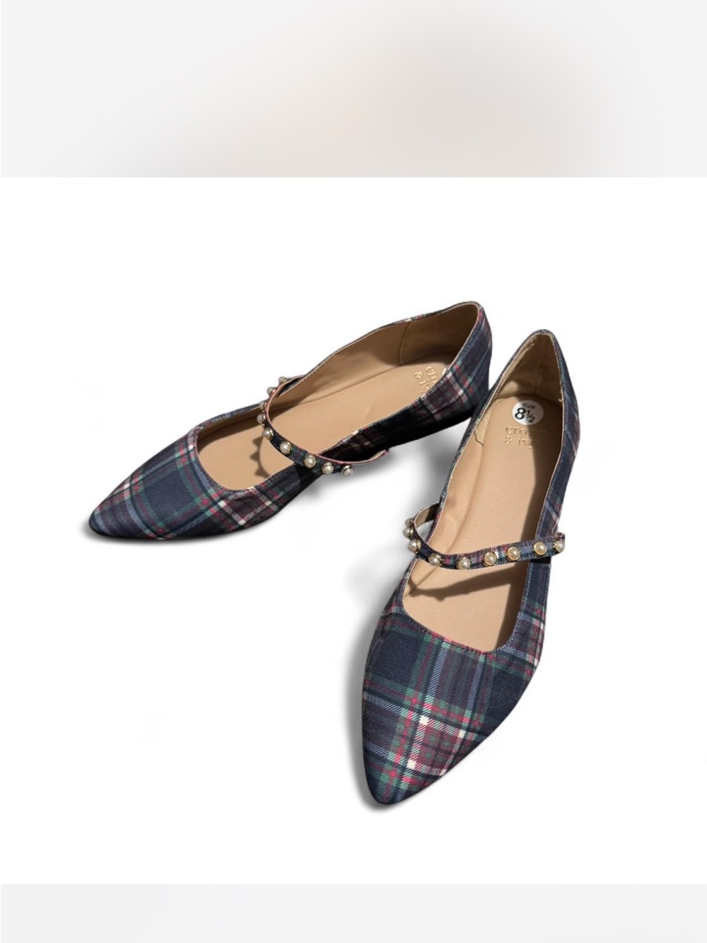 crown & ivy Navy Plaid Pointed-Toe Mary Jane Flats with Jeweled Strap